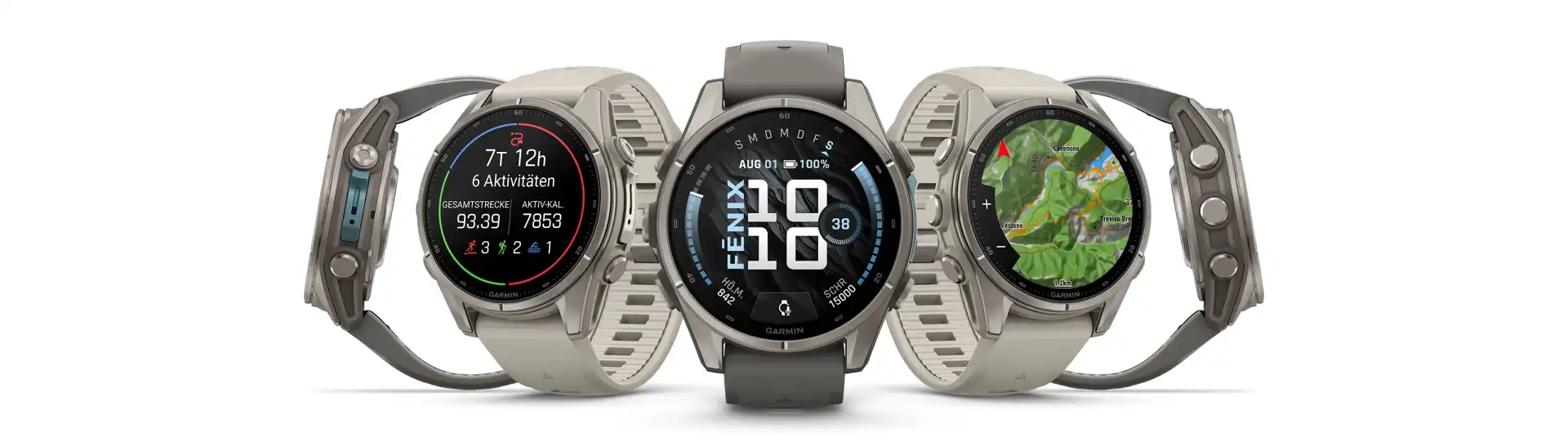 Garmin Fénix 9 női okosórák titán lünettával és kavicsszürke vagy krémszínű szíjakkal különböző oldalról