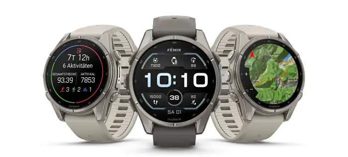 Garmin Fénix 9 női okosórák titán lünettával és kavicsszürke vagy krémszínű szíjakkal különböző oldalról