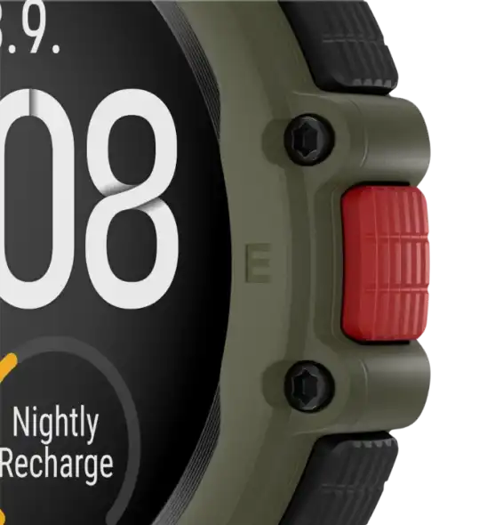 Könnyen megfogható piros gomb nagyítva – ergonomikus óragomb részlet