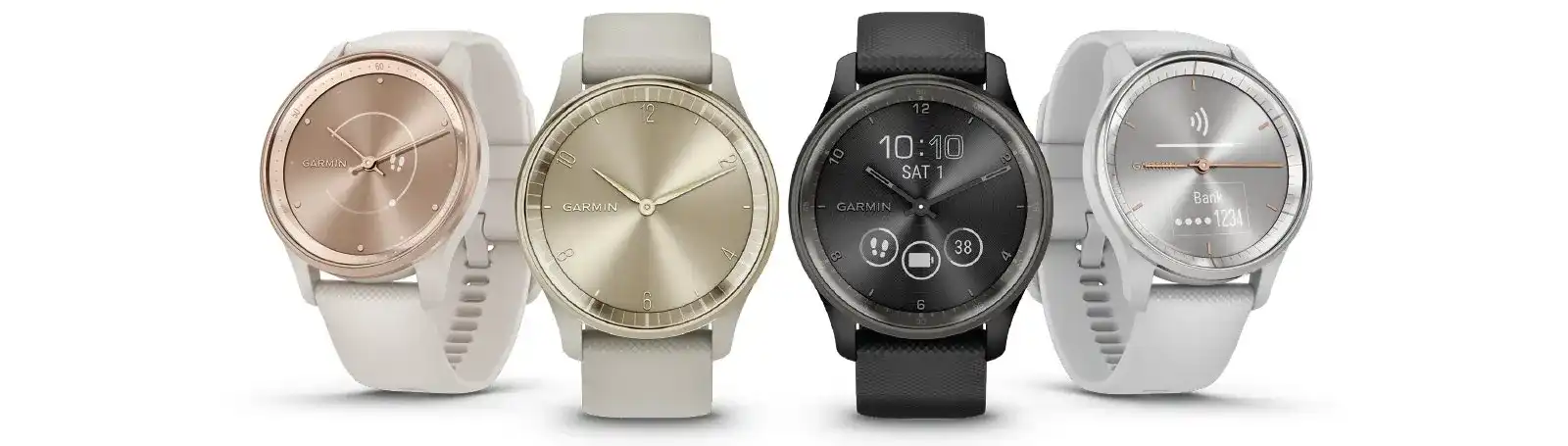 A 4 modell egy képen: Garmin Vívomove Trend Cream Gold,  Black, Peach Gold, Silver. 