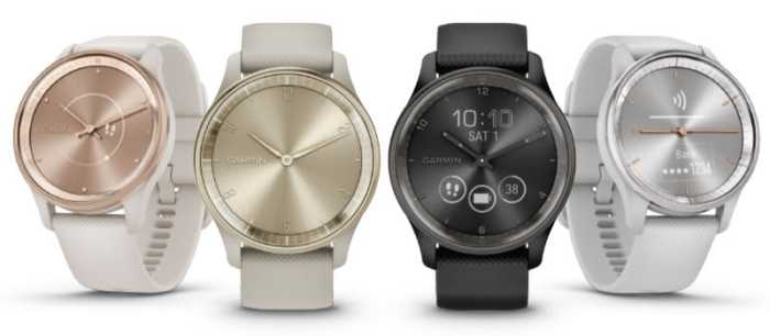A 4 modell egy képen: Garmin Vívomove Trend Cream Gold,  Black, Peach Gold, Silver. 