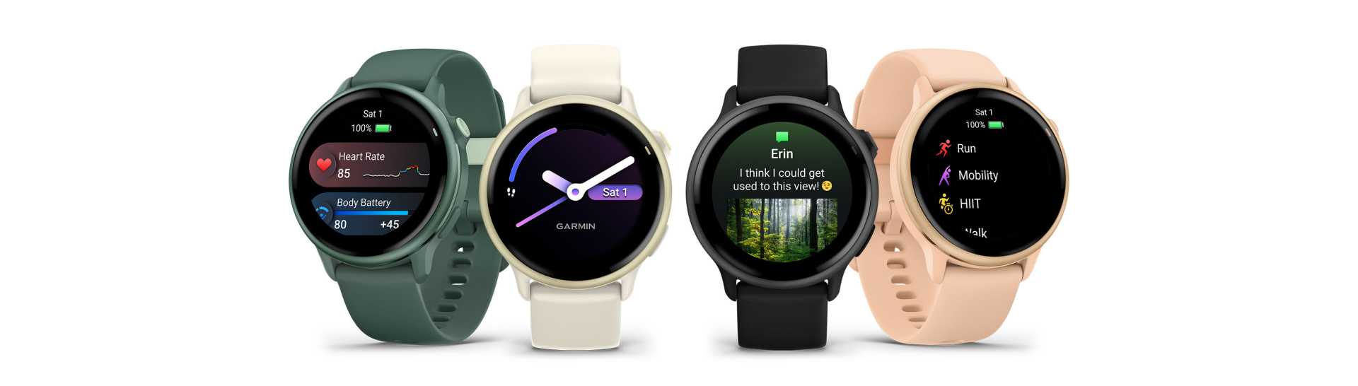 A 4 féle kivitele a Garmin Vívoactive 6-nak. Jasper Green, Lunar gold női, Slate a férfi óra és a Pink, mely női