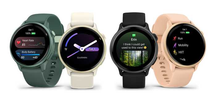 A 4 féle kivitele a Garmin Vívoactive 6-nak. Jasper Green, Lunar gold női, Slate a férfi óra és a Pink, mely női