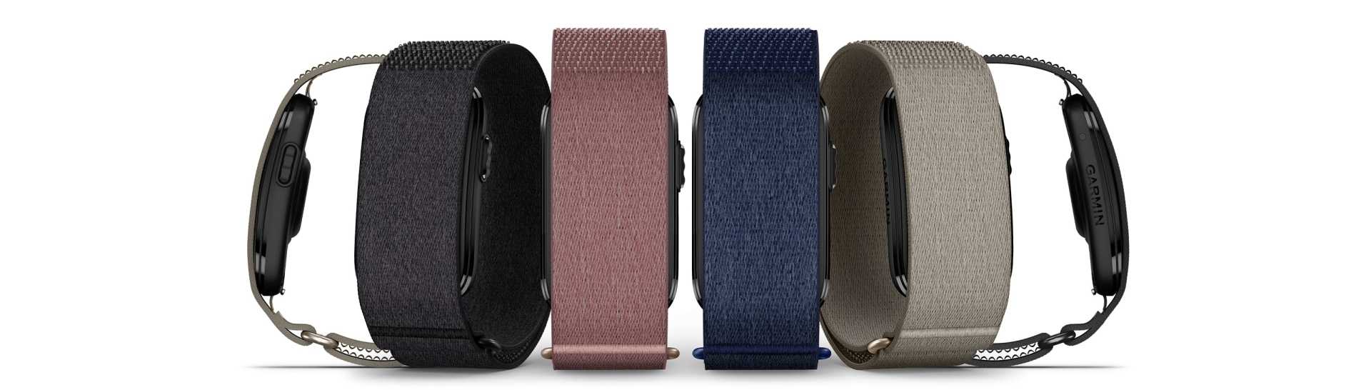 Garmin Cirqa™ okoskarkötő négy színváltozatban: Black, Mauve, Navy Blue és French Gray prémium szövet szíjjal.