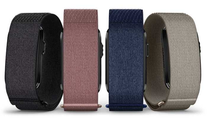 Garmin Cirqa™ okoskarkötő négy színváltozatban: Black, Mauve, Navy Blue és French Gray prémium szövet szíjjal.