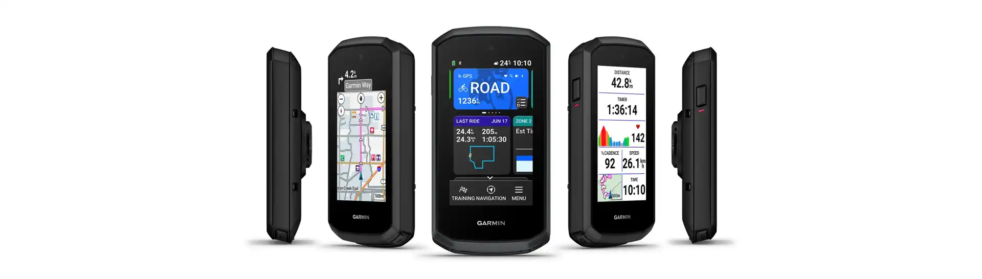 armin Edge Explore 3 kerékpáros GPS több nézetből, térképes navigációval, kezdőképernyővel és menetadatokkal.