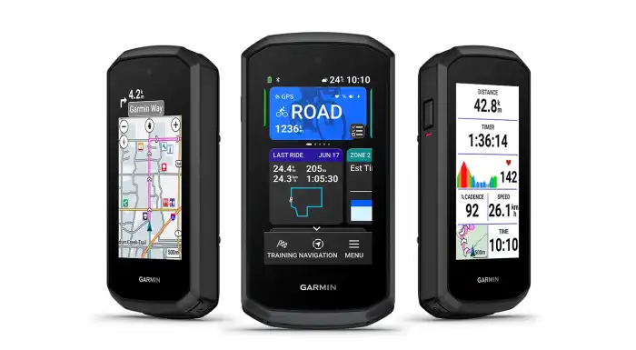 Garmin Edge Explore 3 három nézetből, térképes navigációval, kezdőképernyővel és kerékpáros menetadatokkal.
