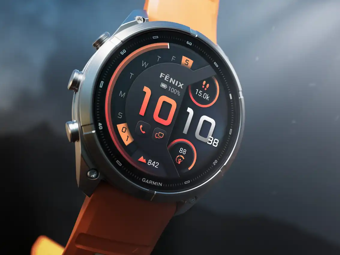 Narancssárga szíjas Garmin Fénix 9 pro okosóra színes AMOLED-kijelzővel.