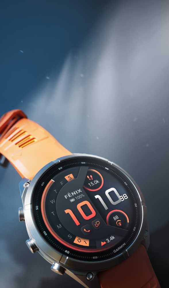 Narancssárga szíjas Garmin Fénix 9 pro okosóra színes AMOLED-kijelzővel.