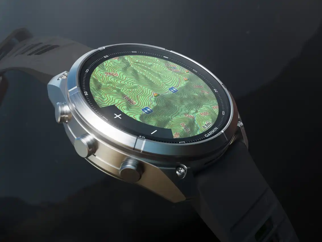 Garmin Fénix 9 rpo okosóra részletes topográfiai térképpel a kijelzőjén.