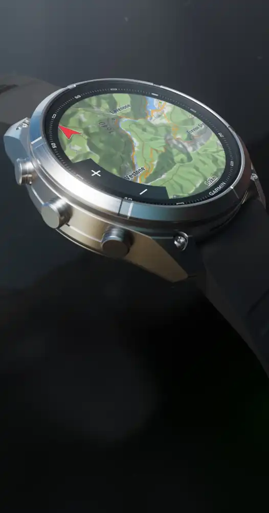 Garmin Fénix 9 rpo okosóra részletes topográfiai térképpel a kijelzőjén.
