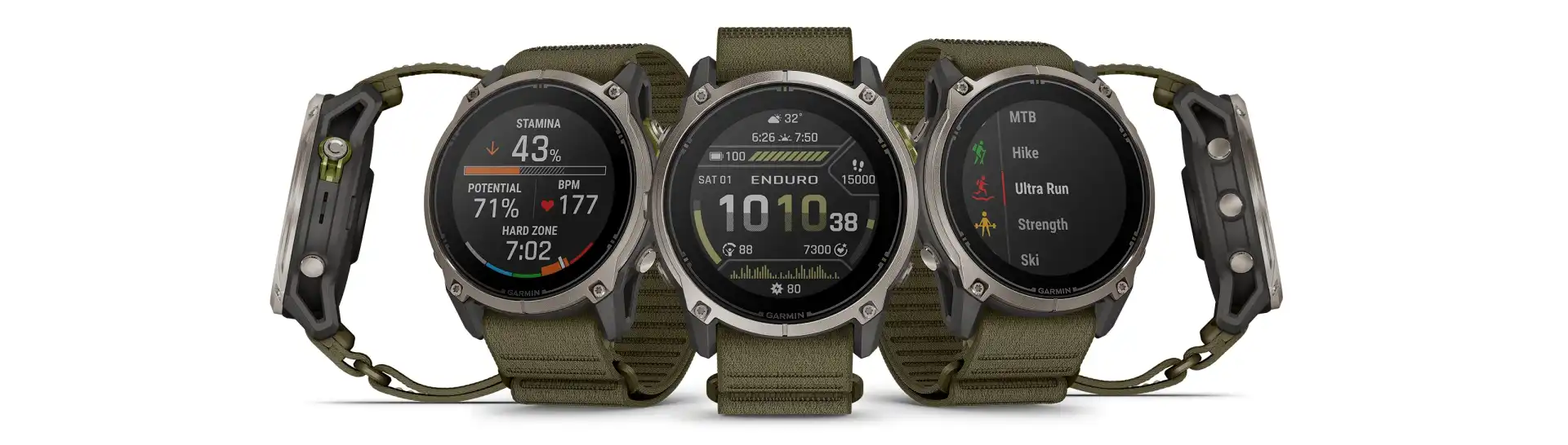 Garmin Enduro 4 titanium sports watch with a dark olive ComfortFit fabric band in five views, showing the watch face, stamina data and sport profiles