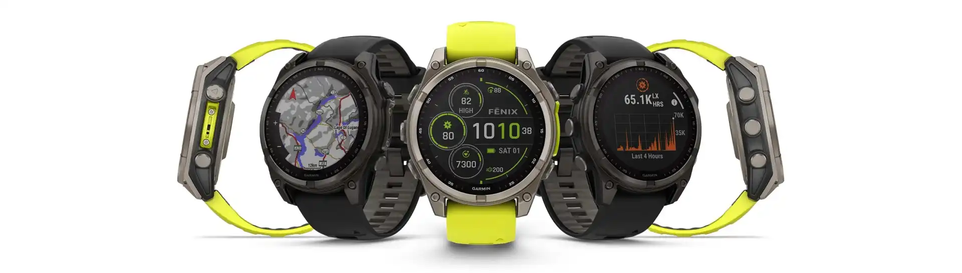 Studiófotó a Garmin Fénix 8 Solar 51mm-es óra, melyen a Yellow és a Black verziók láthatóak