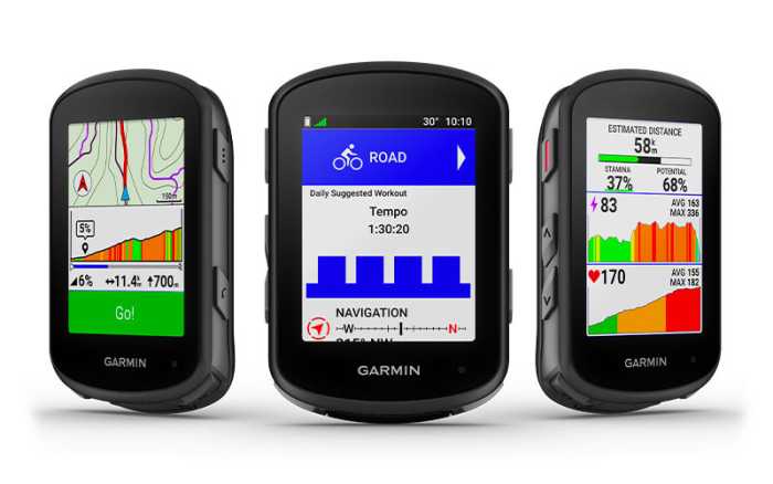 Garmin Edge 540 kerékpáros computer több nézetből – térkép, edzésterv és teljesítményadatok megjelenítésével