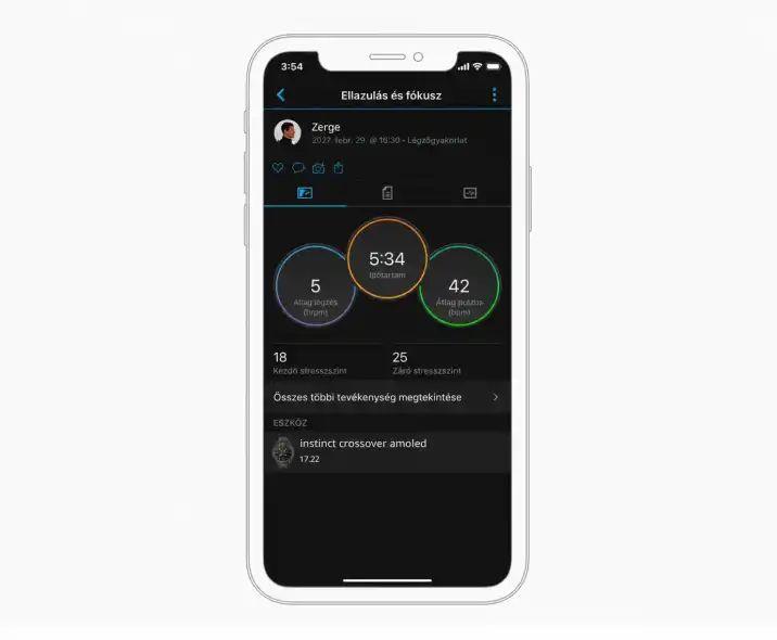 Garmin Connect Relax and Focus (Ellazulás és fókusz) légzőgyakorlat eredménye pulzus-, légzésszám- és stresszszint adatokkal