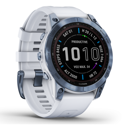  Garmin Fenix 7X Sapphire Solar, Larger Adventure smartwatch,  with Solar Charging Capabilities, Rugged Outdoor GPS Watch, Touchscreen,  Wellness Features, Mineral Blue DLC Titanium with Whitestone Band :  Electronics