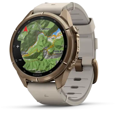 Garmin fēnix 9 Pro AMOLED inReach 43 mm, zafír számlap – őszi arany titán / csontszínű bőrszíj