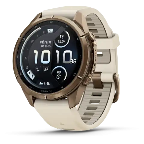 Garmin fēnix 9 Pro AMOLED inReach 43 mm, zafír számlap – őszi arany titán / krémszínű szilikonszíj