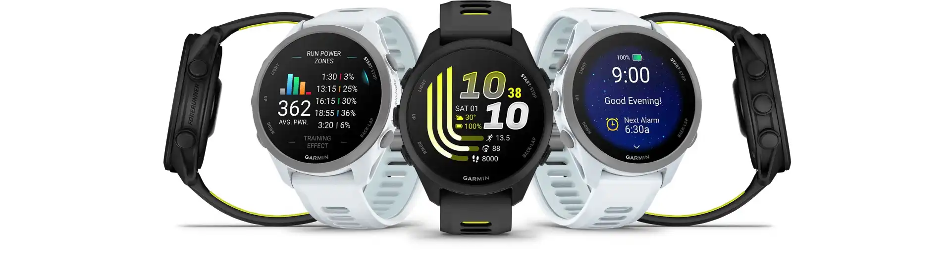 Garmin Forerunner 170 futóóra – fekete és fehér színváltozat, AMOLED kijelzőn futóteljesítmény-zónák, óralap és napi egészségügyi összefoglaló