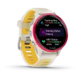 Garmin Forerunner 570 – 42mm, málna alumínium / áttetsző csontszínű-mangósárga szilikonszíj