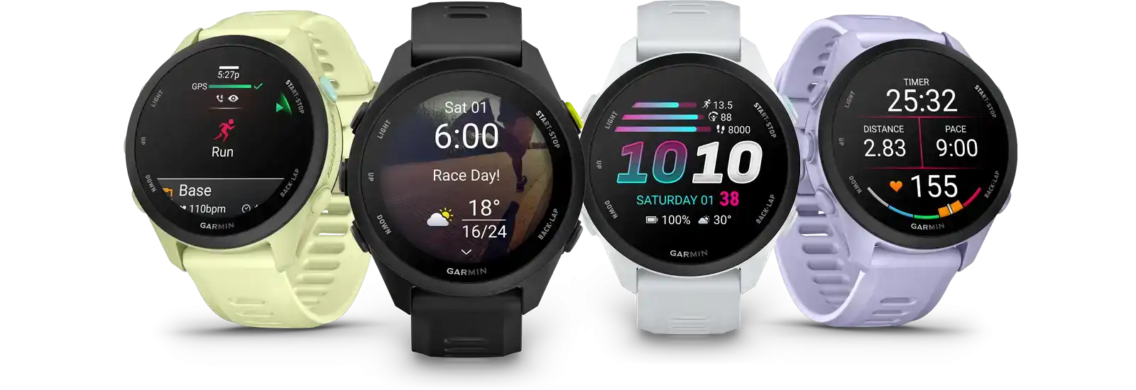 Garmin Foreerunner 70 termékválasztás: Citron, Black, Whitestone és Levendula szín