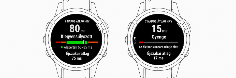 Garmin HRV állapot kijelző – kiegyensúlyozott és gyenge pulzusvariabilitás (HRV) összehasonlítása Garmin okosórán.