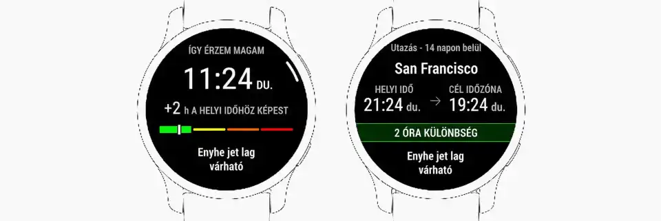 Garmin Jet Lag Adviser: személyre szabott útmutatás az időzónaváltás utáni jet lag csökkentéséhez, a helyi és célidő összehasonlításával.