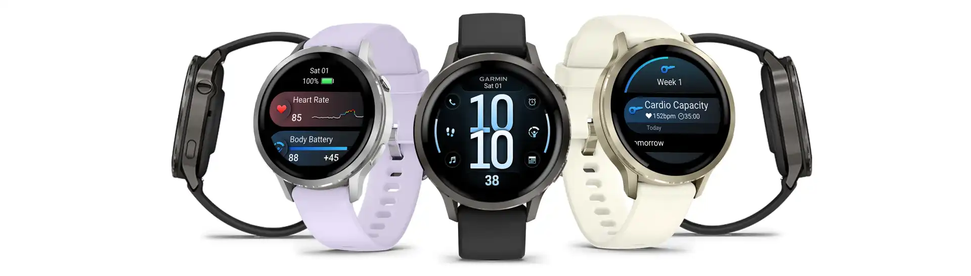 A három féle női kivitele a Garmin Venu 4 órának: Black, Periwinkle és a  Lunar Gold  / Bone