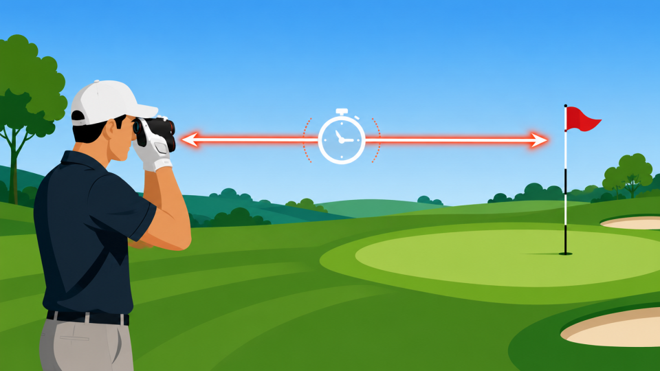 A l&eacute;zeres t&aacute;vols&aacute;gm&eacute;r&eacute;s elve: a golfoz&oacute; l&eacute;zerimpulzust bocs&aacute;t ki a z&aacute;szl&oacute;ig, amely visszaverődik, &eacute;s a k&eacute;sz&uuml;l&eacute;k az oda-vissza &uacute;t idej&eacute;ből sz&aacute;molja ki a pontos t&aacute;vols&aacute;got