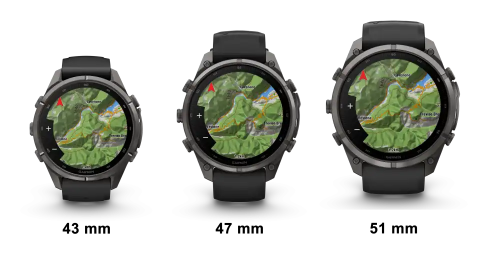 Garmin fēnix 9 órák 43, 47 és 51 mm-es méretben egymás mellett