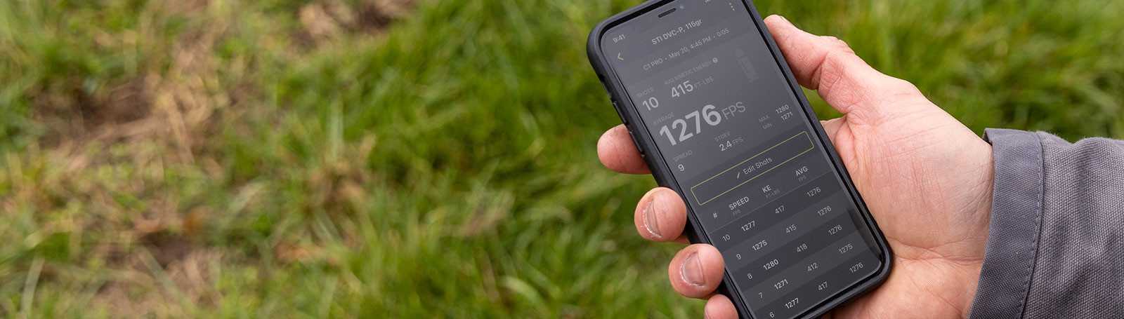 Garmin Xero C1 Pro adatok okostelefonon – Garmin Xero alkalmazás lövedéksebesség-statisztikákkal, 1276 FPS mérési eredménnyel