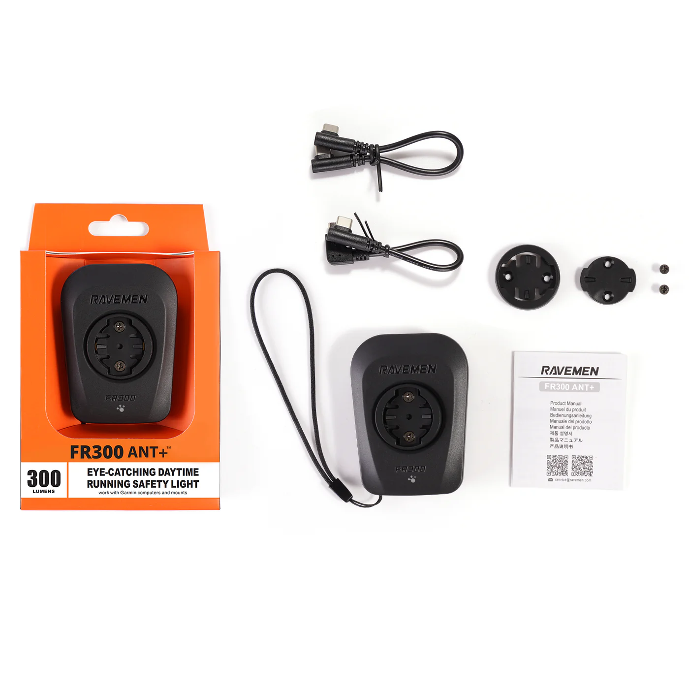 Ravemen FR300 ANT+ első l&aacute;mpa csomag tartalma