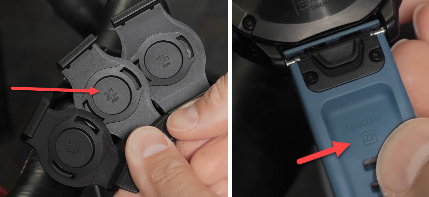 20, 22 és 26 mm-es adapterek, mellette egy QuickFit 22 jelölésű szíj